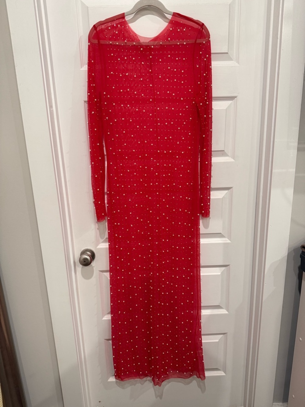 Red- Long Sleeve See Through Dress with Pearls- Size XXL